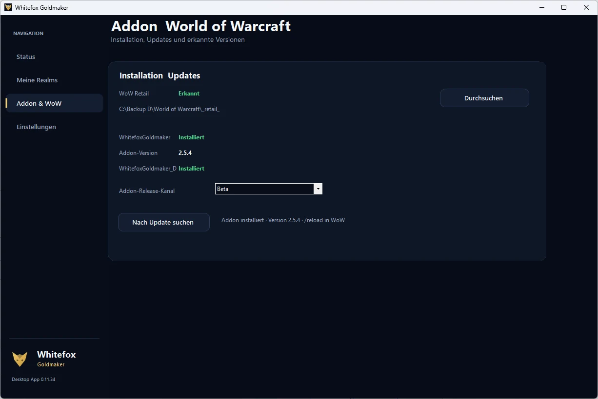 Whitefox Desktop App mit erkanntem WoW Retail Pfad, Addon-Version und Release-Kanal