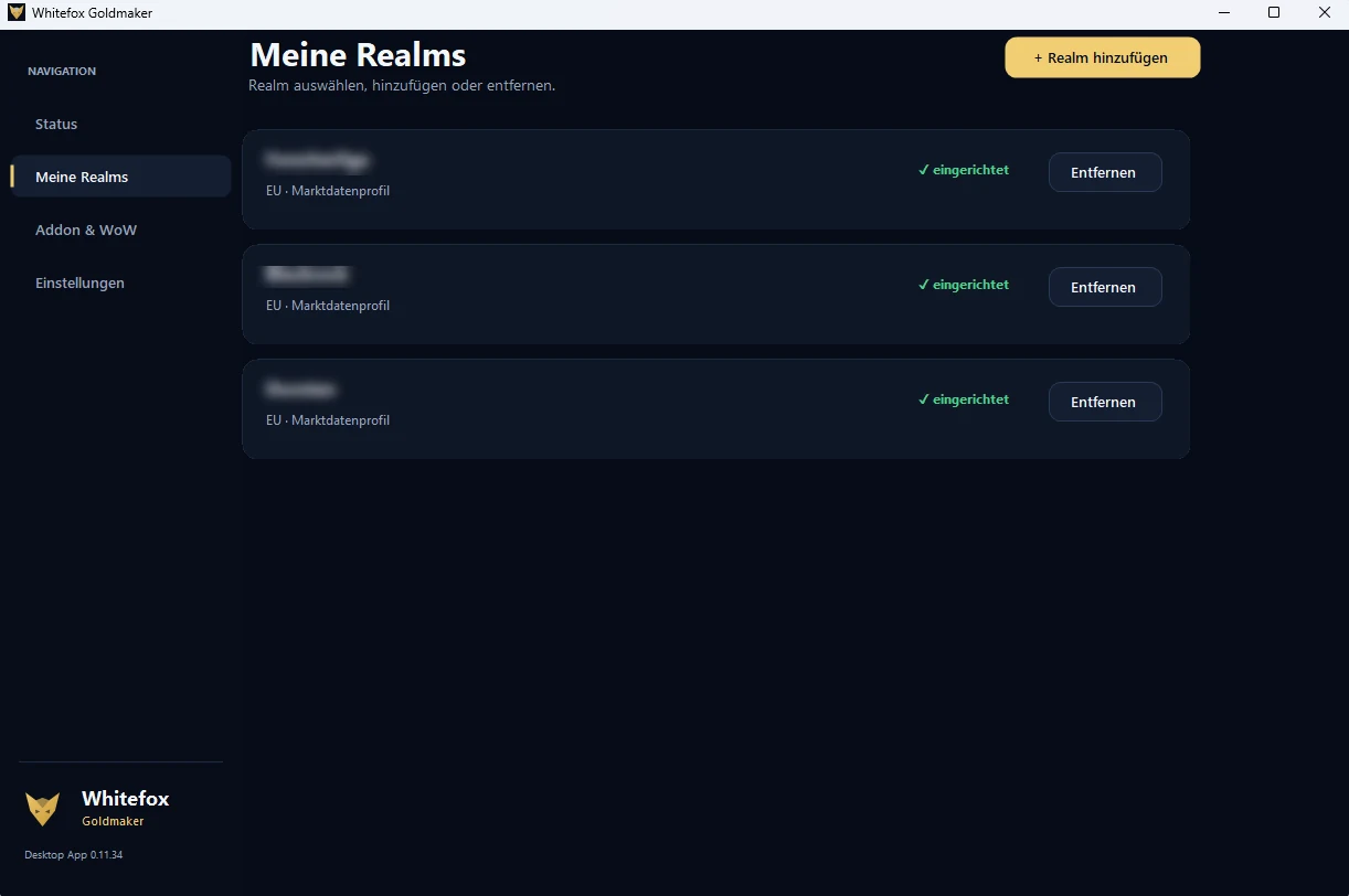 Whitefox Desktop App mit eingerichteten EU-Realmprofilen