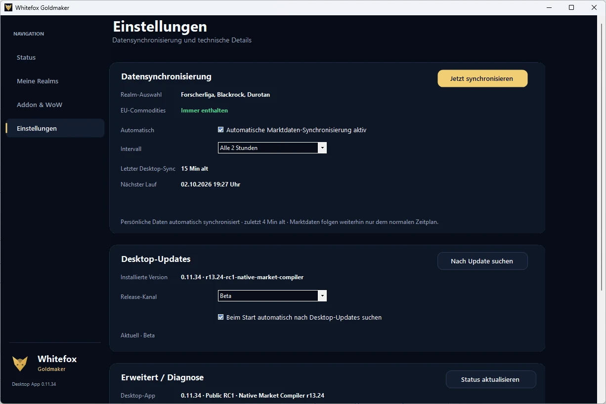 Einstellungen der Whitefox Desktop App mit Realm-Auswahl, automatischer Marktdaten-Synchronisierung und Intervall