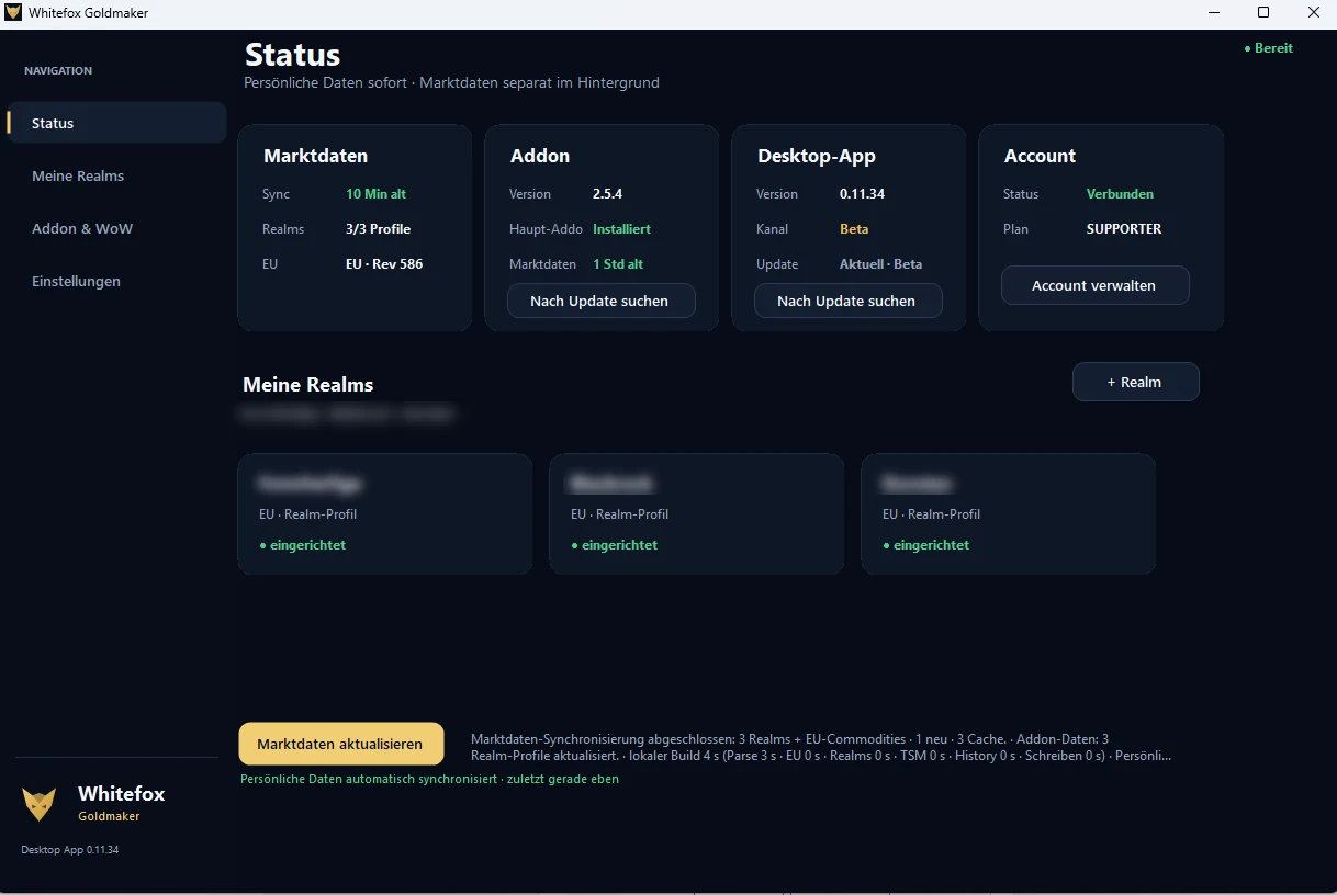 Whitefox Desktop App mit Statusübersicht für Marktdaten, Addon, Desktop-App, Account und Realm-Profile