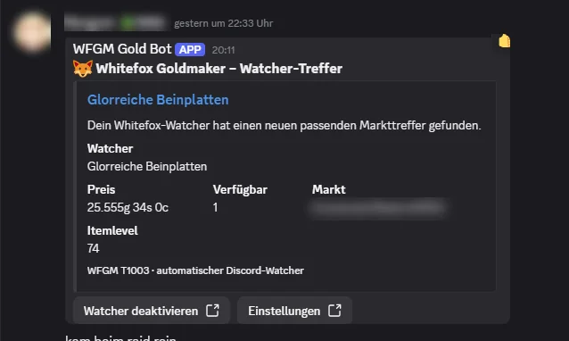 Whitefox Gold Bot Watcher-Treffer als Discord Direktnachricht