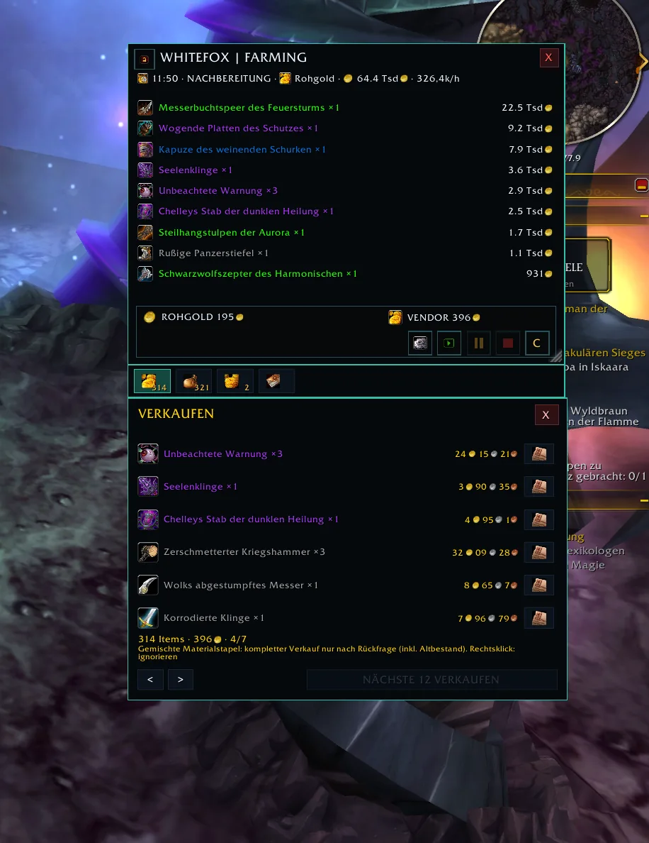 Whitefox Farming-Modul im Spiel mit Beute und Marktwerten