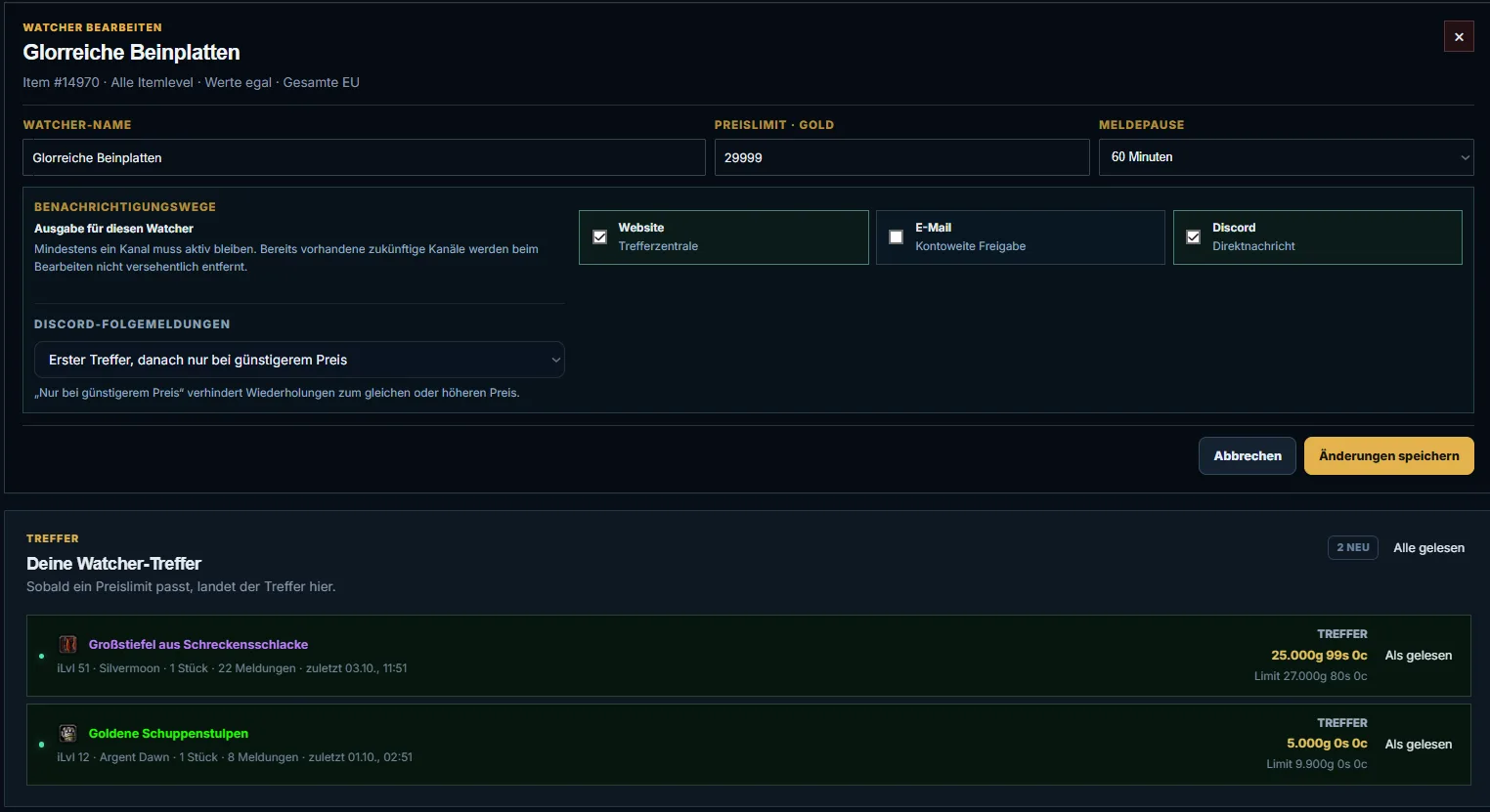 Whitefox Watcher Einstellungen mit Website und Discord Benachrichtigungen sowie Trefferliste